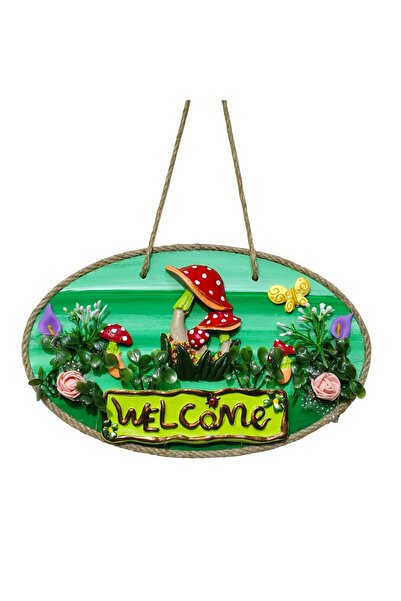 Mixperi Διακόσμηση εισόδου πόρτας: Ξύλινο στολίδι με το κείμενο «Welcome» με πράσινο, μανιτάρια και λουλούδια