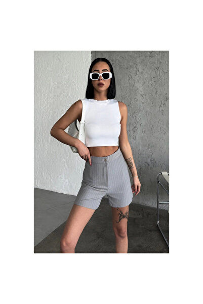 byhodi High Waist Crepe Stretchy Grass Stripe Shorts Gray, Offering Elegance and Elegance Together