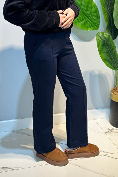 Lale Butik Nervür Stitched Waist Elasticated Lace-Up Trousers 1887 Navy Blue