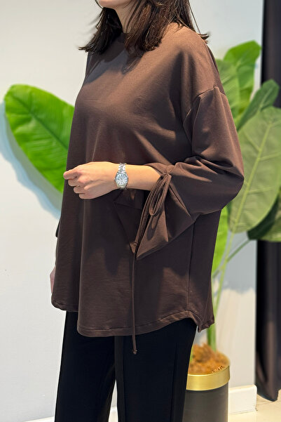 Lale Butik Sweat Tunic with Cuff and Waist Tie Detail 3066 Brown