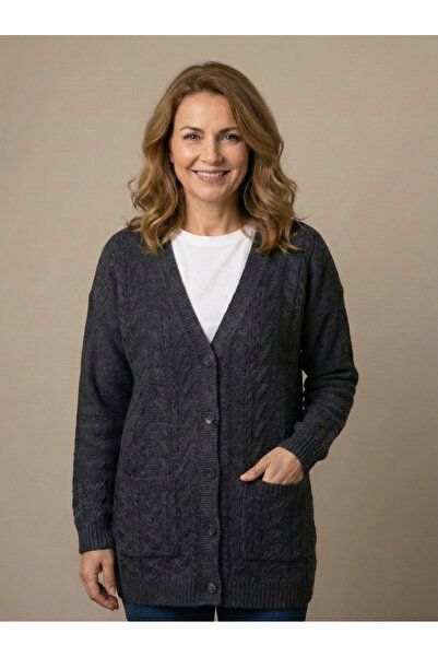 FATELLA Cardigan de lână pentru femei, negru, cu model tricotat, decolteu în ...