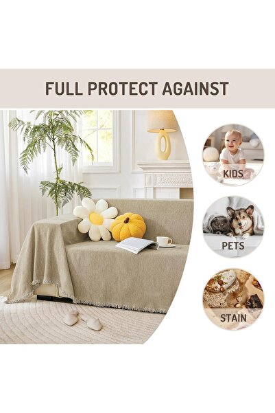 INFOSUN Chenille Sofa Slipcover with Tassels (Khaki, 71 x 103 in)