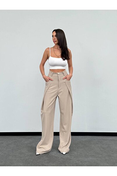 HerTon Yüksek Bel Oversize Kesim Bej Palazzo Pantolon