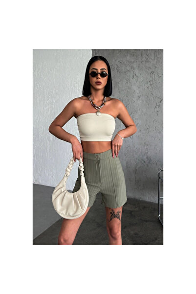 byhodi High Waist Crepe Stretchy Striped Shorts Khaki That Offers Elegance and Elegance Together