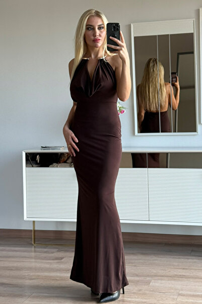 CİDDE Γυναικείο φόρεμα με λαιμόκοψη με μεταλλικό δαχτυλίδι ντραπέ Maxi βραδινό φόρεμα Κομψό ντεσιμποτέ για την αποφοίτηση