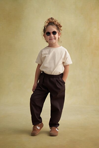 EBU Prive Παιδικό παντελόνι Unisex Gabardine με ελαστική μέση καφέ