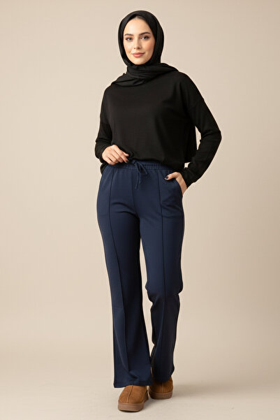 Lale Butik Nervür Stitched Waist Elasticated Lace-Up Trousers 1887 Navy Blue