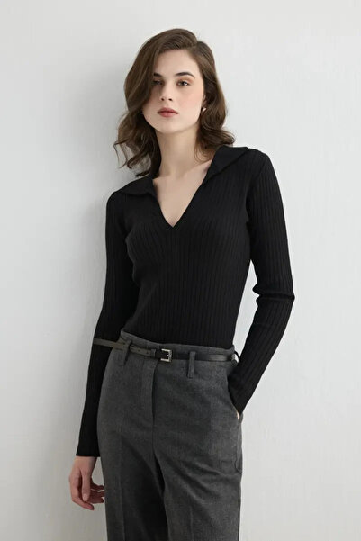 Gusto Polo Neck Ribbed Knit Blouse - Black