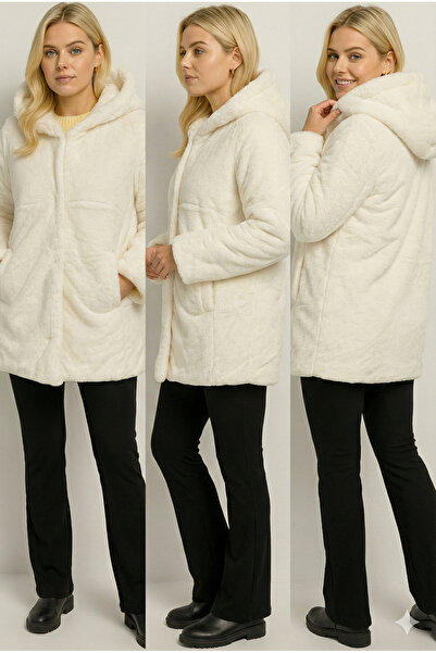 Sibel Günay Butik Women's Hooded Plush Ecru Coat | Lined – with Pockets – Snap Closure