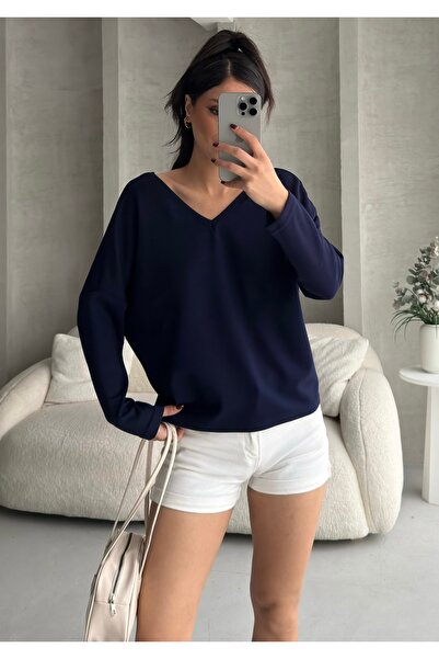 BEJNA Women's V-Neck Backless Soft Modal Textured Flowy Blouse