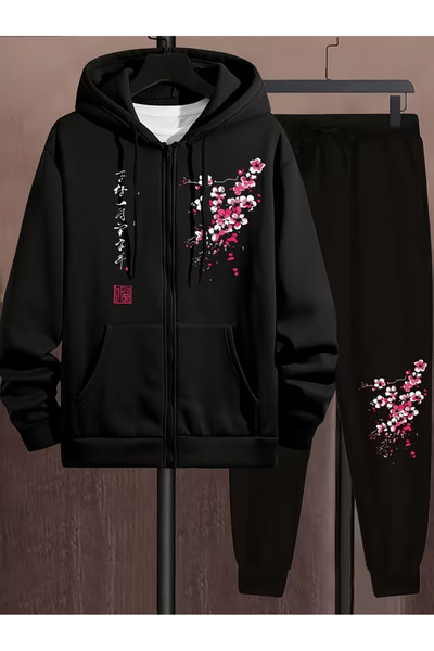 LORVANIY Unisex Sakura Japanese Printed 3 Thread Ş Fleece-Lined K Hooded Trac...