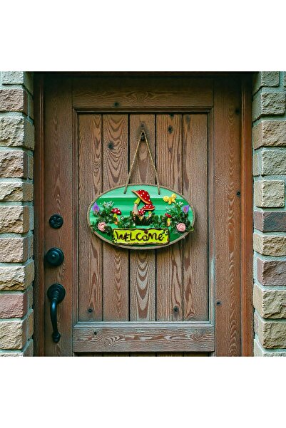 Mixperi Διακόσμηση εισόδου πόρτας: Ξύλινο στολίδι με το κείμενο «Welcome» με πράσινο, μανιτάρια και λουλούδια