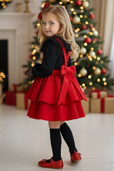 Parla Kids Girl's Helen Red Suspender Tie Gilet October 29Th Dress Black Lace Long Sleeve Blouse Evening Dress Set