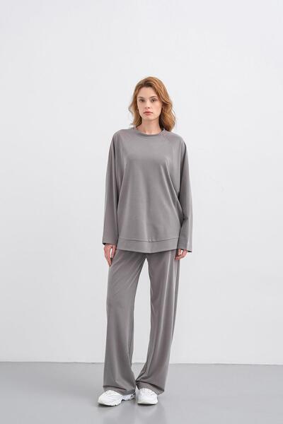 Basicpark Gray Women's Soft Textured Crew Neck Basic Wide Leg Top and Bottom Set