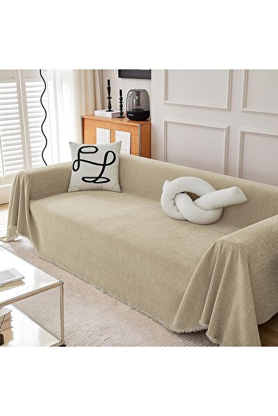 INFOSUN Chenille Sofa Slipcover with Tassels (Khaki, 71 x 103 in)