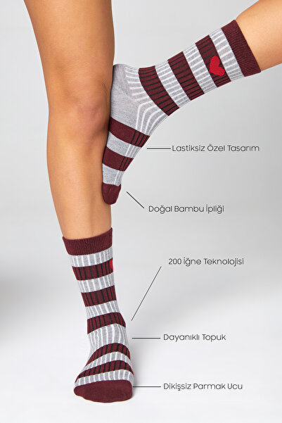 bamboo star Women's Burgundy-Grey Socket Stitch-Free Heart Patterned Socks Non-Squeezing Socks / Does Not Leave Marks