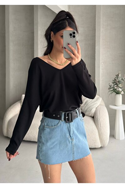 BEJNA Women's V-Neck Backless Soft Modal Textured Flowy Blouse