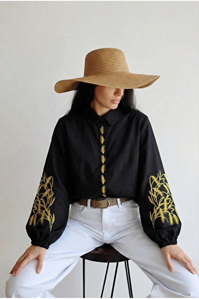 FEMELLE Women's Black Elasticated Cuffs Hidden Button Balloon Sleeve Embroidered Cotton Shirt