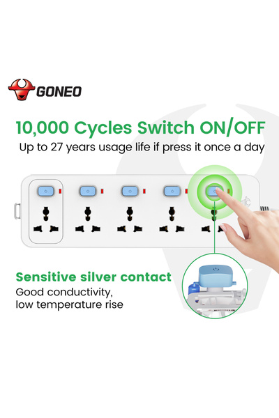 GONGNIU Universal Extension Cord Multi-Socket Power Strip With Individual Switches.