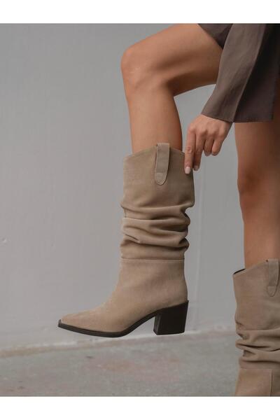 ECENİN BUTİĞİ Dunee Bej Süet Hakiki Deri Kadın Çizme