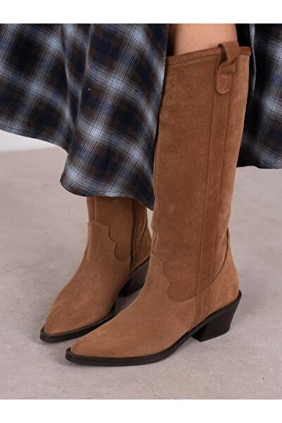 ECENİN BUTİĞİ Emera Camel Süet Hakiki Deri Kadın Çizme