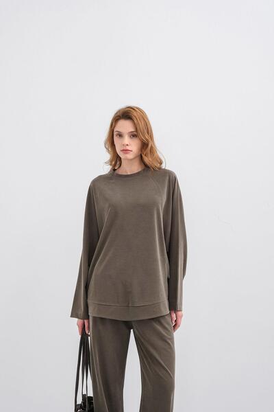 Basicpark Haki Women's Soft Textured Crew Neck Basic Wide Leg Top and Bottom Set