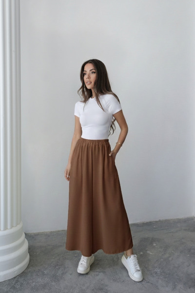 Hatun Atila Elastic Waist Wide Cut Flared Aerobin Trouser Skirt 88843 - Brown