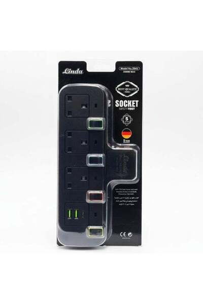 Linda شريط طاقة متعدد المقابس Z04U - 3 منافذ تيار متردد، 2×USB-A، 1×USB-C، تصميم ألماني، فيوز 13 أمبير، C