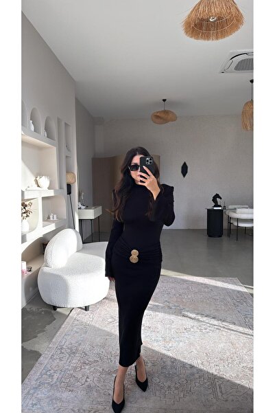 Buket Teke Μαύρο φόρεμα με λεπτή πλεκτή εφαρμογή στη μέση