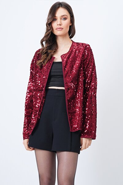Trend Alaçatı Stili Women's Burgundy Sequined Open Form Jacket Vs01653