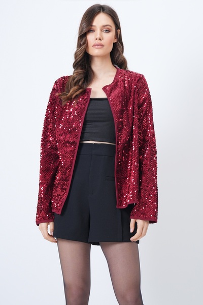 Trend Alaçatı Stili Women's Burgundy Sequined Open Form Jacket Vs01653