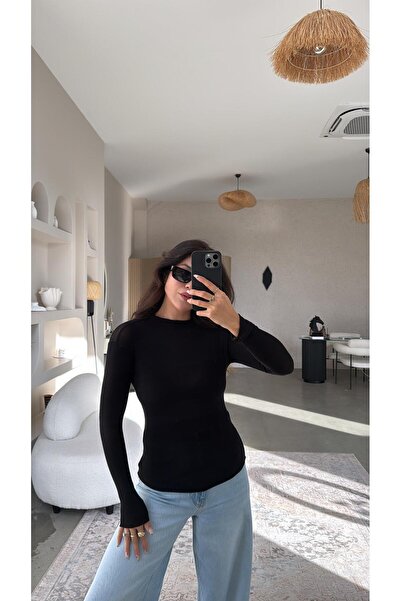 Buket Teke Black Crew Neck Cashmere Semi-Sheer Blouse