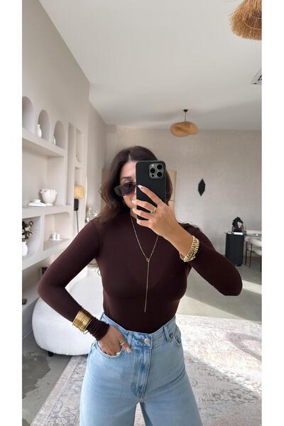 Buket Teke Brown Crew Neck Cashmere Semi-Sheer Blouse