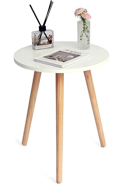 WOODX طاولة جانبية صغيرة مستديرة - خشب أبيض عصري لغرفة المعيشة وغرفة النوم والمكتب