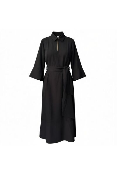Eight Fashion Women's Spanish Sleeve Zippered Stylish Belted Midi Length Dress