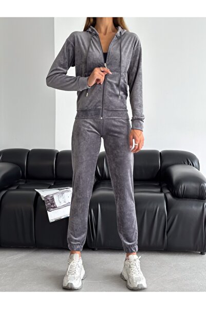 Winmoda34 Velvet Tracksuit Set Hooded Zippered French Velvet Soft