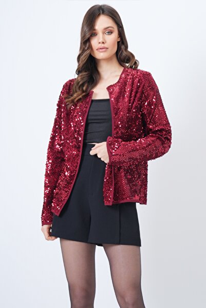 Trend Alaçatı Stili Women's Burgundy Sequined Open Form Jacket Vs01653