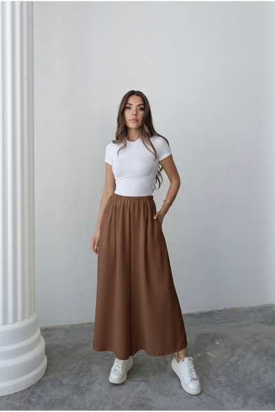 Hatun Atila Elastic Waist Wide Cut Flared Aerobin Trouser Skirt 88843 - Brown
