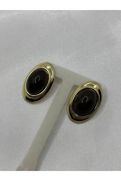 lysiaaccessory أقراط مرصعة بالأحجار البيضاوية البنية موديل ماركة