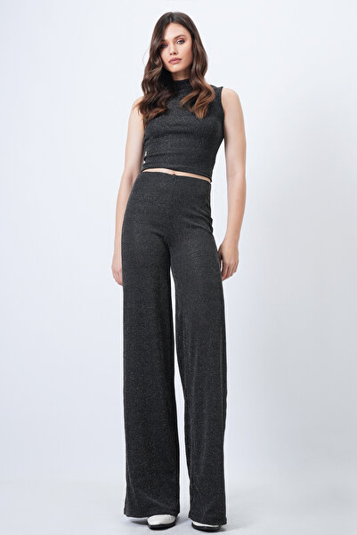Trend Alaçatı Stili Women's Black Mock Neck Tank Top and Palazzo Pants Glitter Set Vs01658