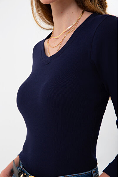 UNIQVIBE Organik Pamuklu Lacivert Fitilli Kadın Uzun Kollu V Yaka Bluz