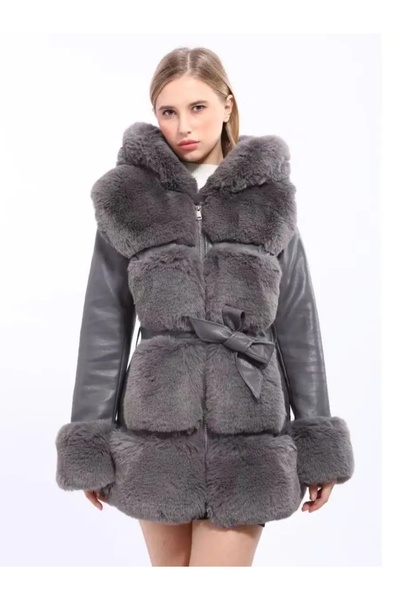 ADAMODA.RO Long faux leather jacket with faux fur