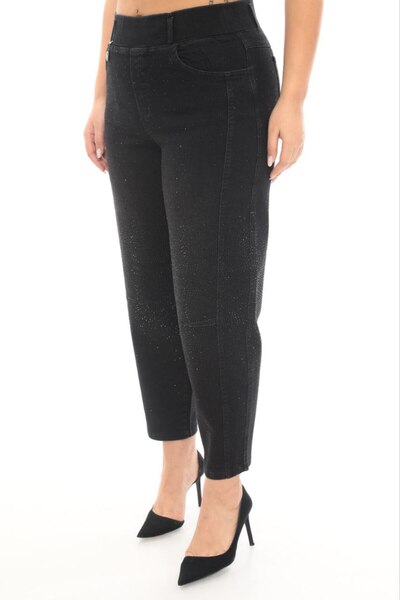 ZANESSI Plus Size Denim Mom High Waist Rhinestone Women's Pants