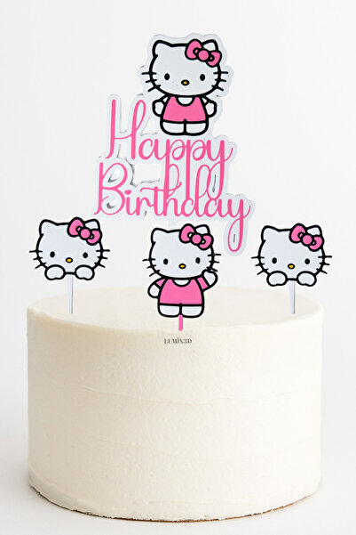 Hello Kitty Temalı Happy Birthday Pasta Üstü Süs Seti - 4 Parça