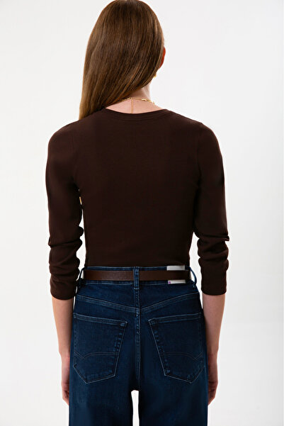 UNIQVIBE Organic Cotton Brown Corded Fabric Women's Long Sleeve V-Neck Blouse