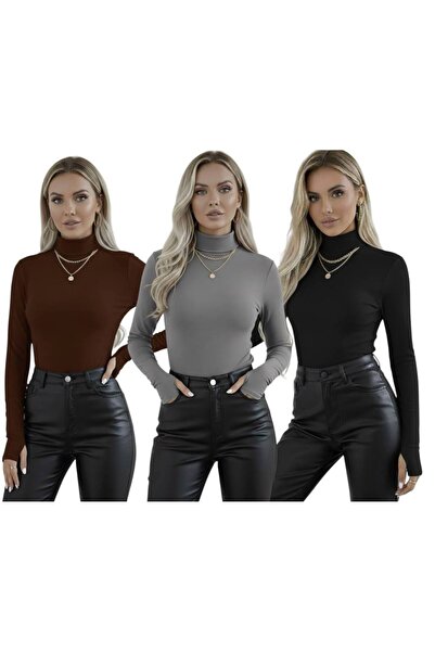 hashtag Parmak Detaylı Kadın Body – Uzun Kollu 3'lü Set | Esnek Ve Yumuşak Ku...