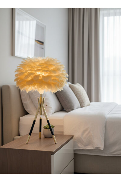 LUMINZO Lufina Gold Legged Orange Feathered Headboard Wired Modern Lampshade Bedroom Living Room Table Lamp