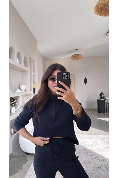 Buket Teke Dark Navy Blue Half Zipper Corded Fabric Basic Set