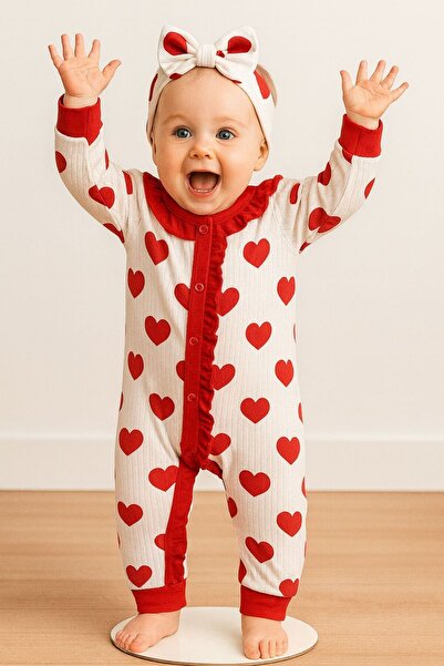 Chicsy Baby Kız Bebek Tatlı Kalp Desenli Uzun Kollu Fırfırlı Tulum