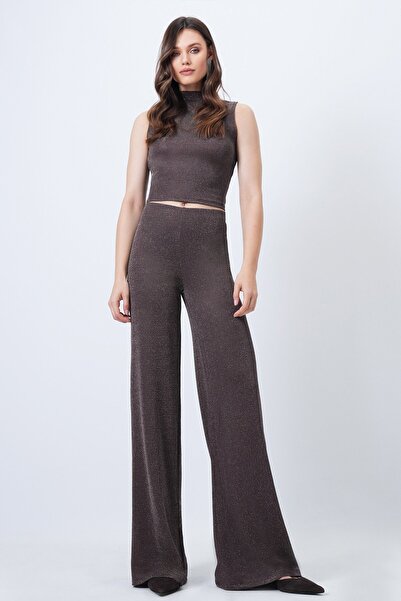 Trend Alaçatı Stili Women's Brown D Mock Neck Sleeveless Blouse and P Palazzo Pants Glitter Suit Vs01658